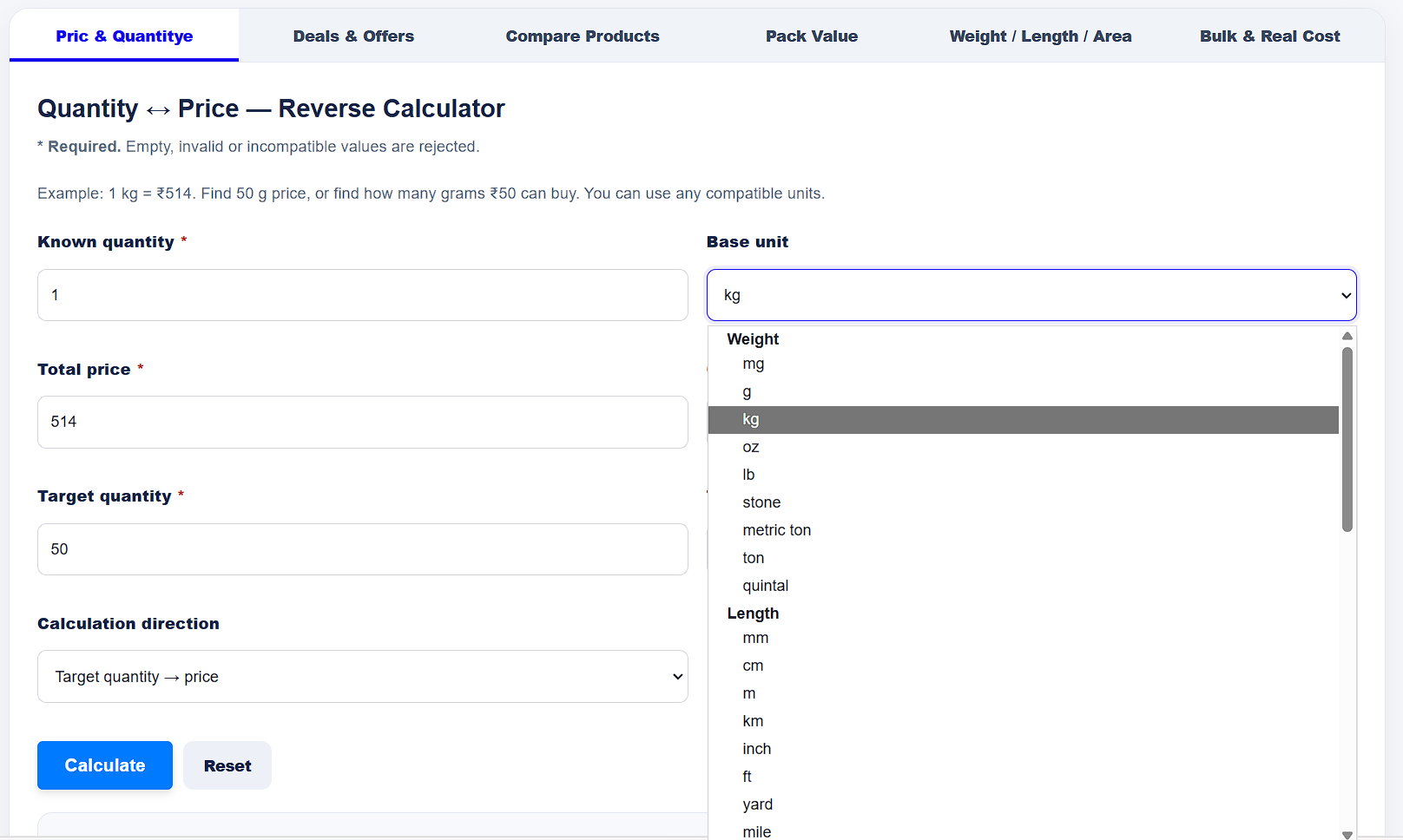 How to use Daily Price and Quantity Calculator by entering quantity, unit and price